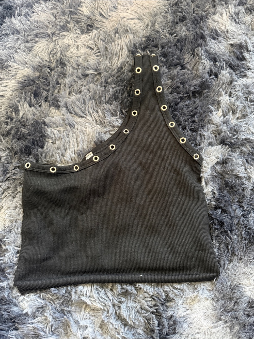 Fashion Nova Black One-Shoulder Ribbed Crop Top with Silver Grommets